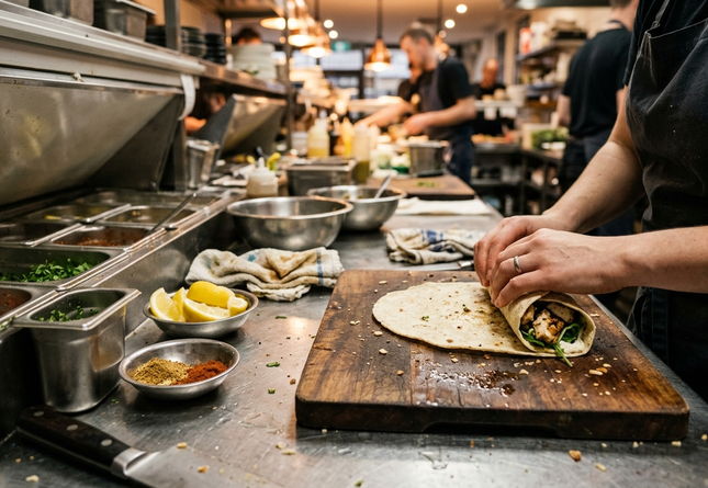 Restaurant interior during service, ambient lighting, prep counter beside a cold station with gluten-free wraps