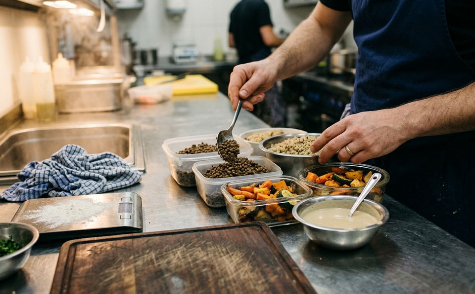 Commercial kitchen workspace, chef hands plating