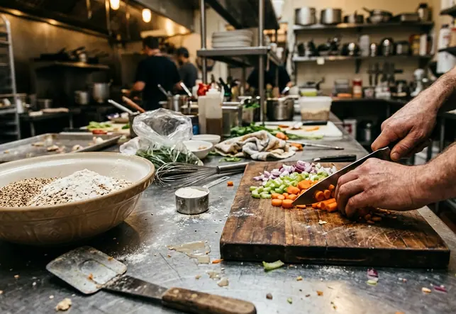 Fresh ingredient preparation on cutting board in a working kitchen, with chopped vegetables, whole grains