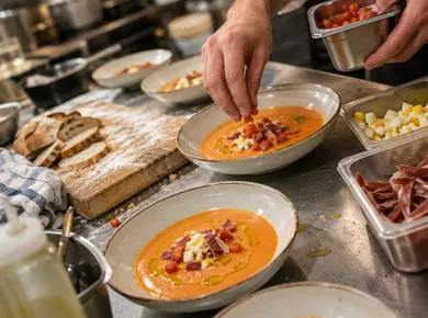 El salmorejo y el detalle de la guarnición